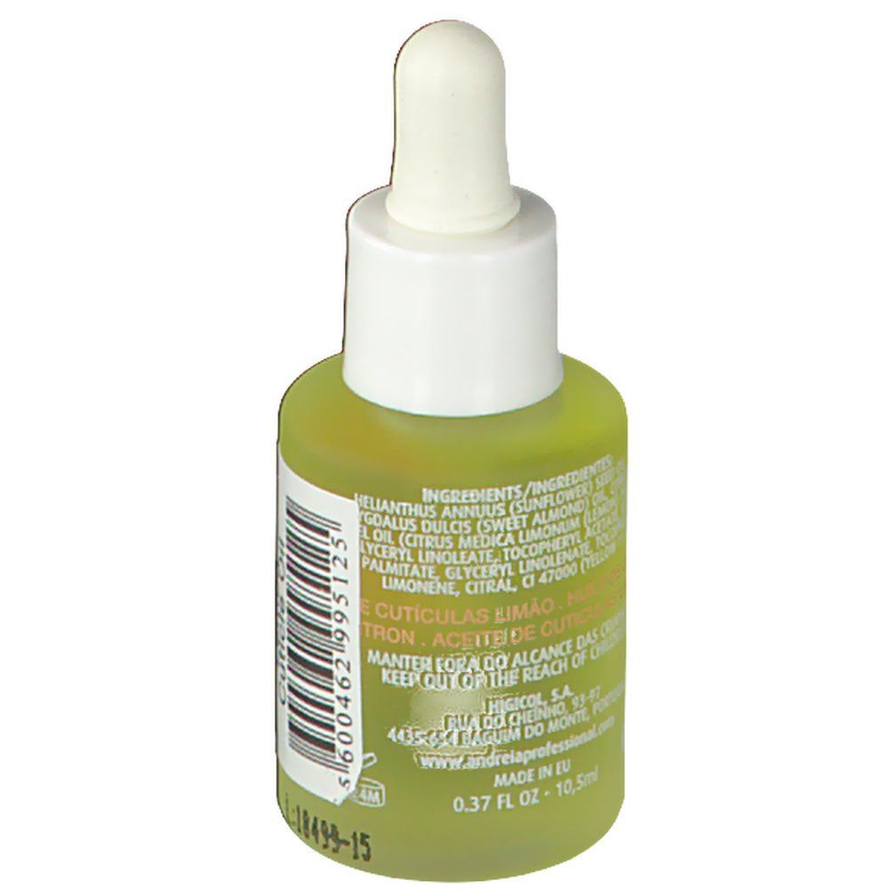 Flacone verde con tappo bianco e pipetta. Scritta: Ingredienti, 0.37 fl oz - 10.5ml.