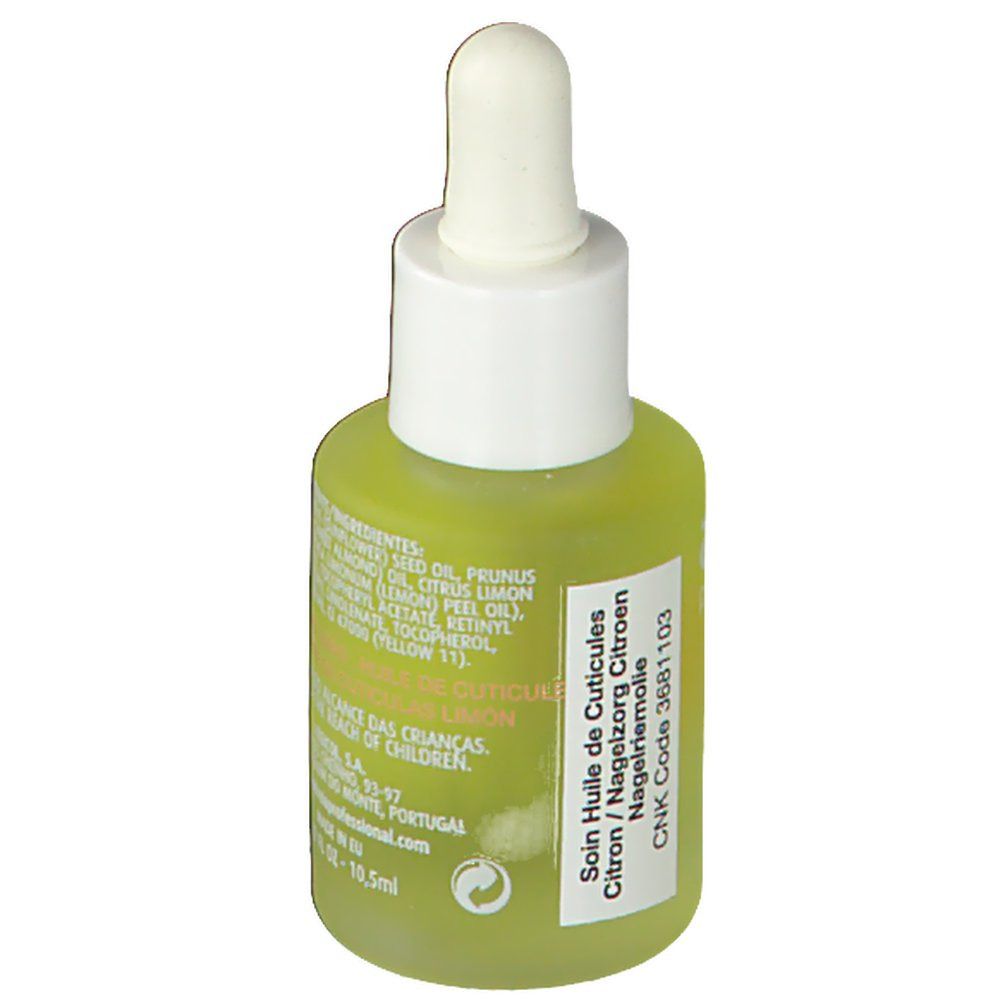 Flacone verde con tappo bianco e pipetta. Scritta: Soin Huile de Cuticules Citron, CNK Code 3681103.
