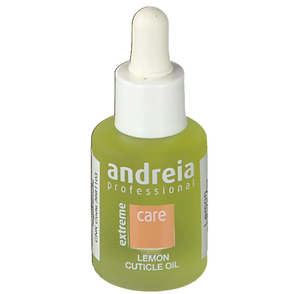 Flacone verde con tappo bianco e pipetta. Scritta: Andreia Professional, care, Lemon Cuticle Oil.