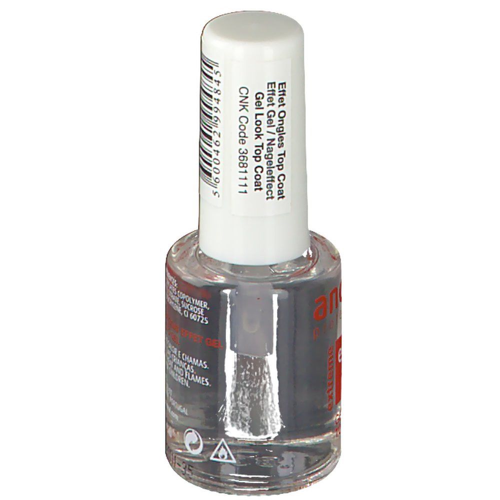 Flacone di smalto con pennello. Scritta: Effet Ongles Top Coat, CNK Code 3681111. Codice a barre.
