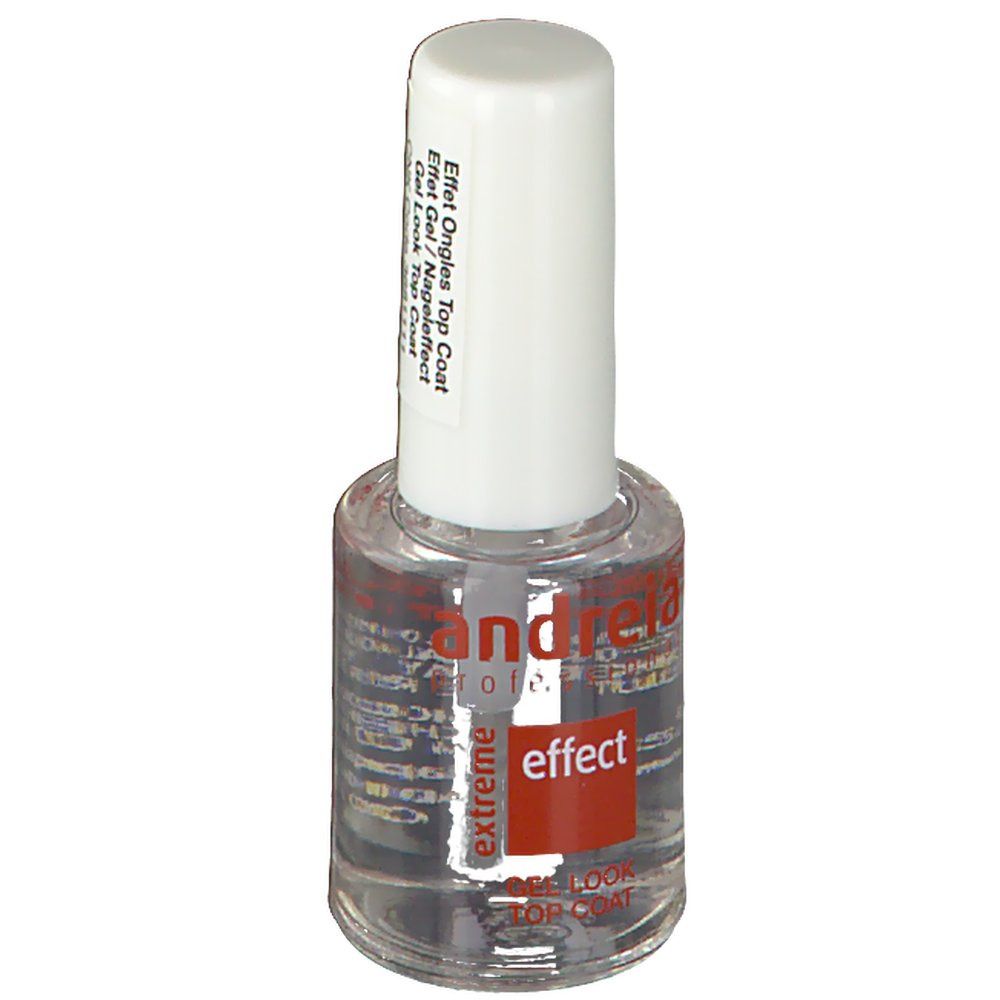 Flacone di smalto trasparente con tappo bianco. Scritta: Andreia, effect, extreme, Gel Look Top Coat.