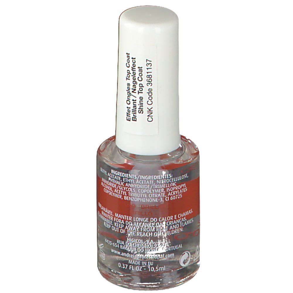 Flacone di smalto trasparente con tappo bianco. Etichetta con testo e ingredienti. Volume: 10,5 ml.