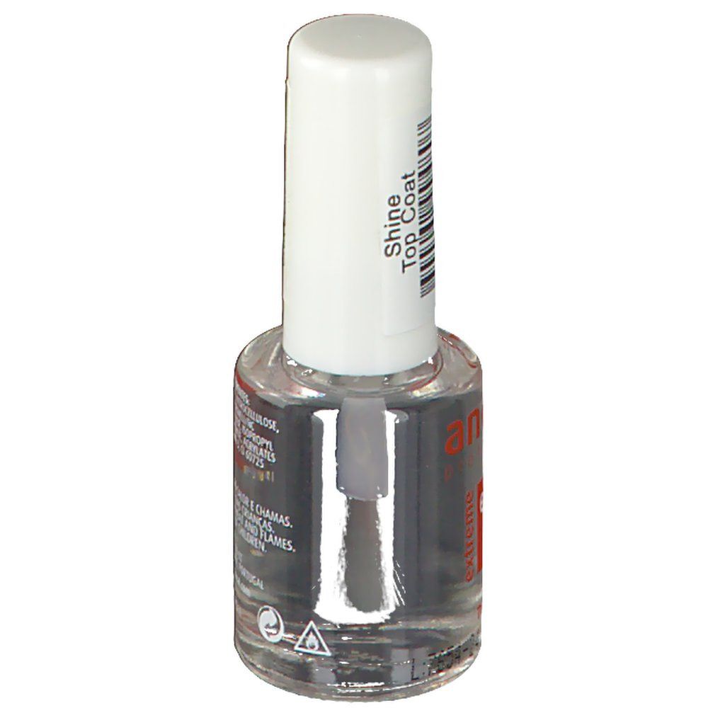 Flacone di smalto trasparente con tappo bianco. Adesivo con testo. Pennello visibile. Simbolo di sicurezza.