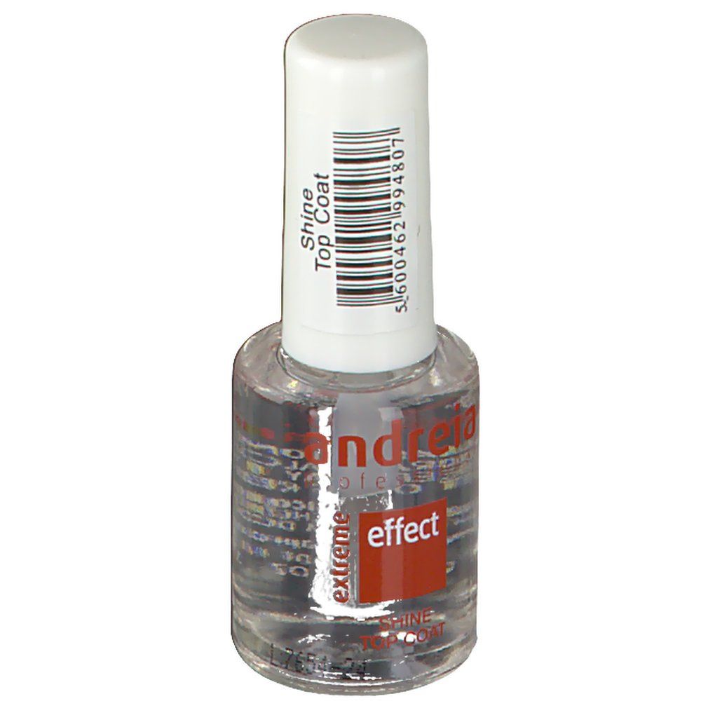 Flacone di smalto trasparente con tappo bianco. Codice a barre sul tappo. Etichetta rossa con testo.