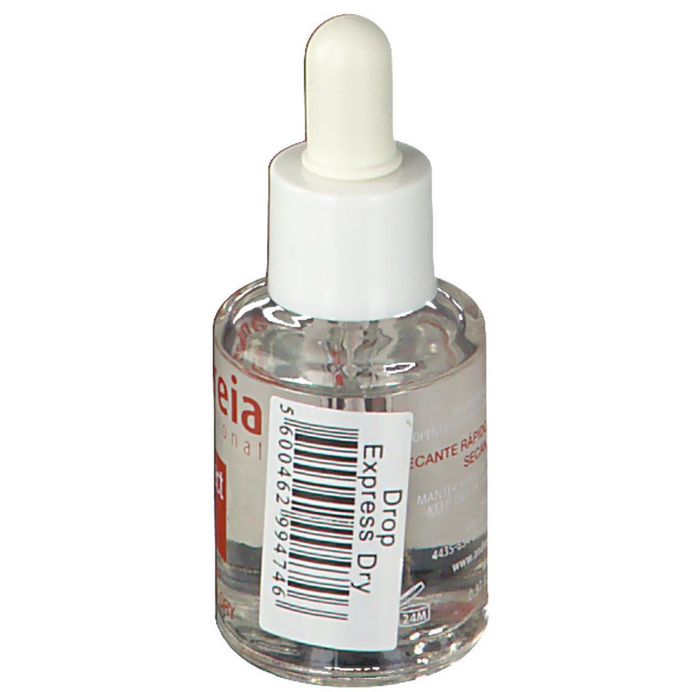 Contenitore di liquido trasparente con tappo bianco e contagocce. Etichetta con codice a barre e testo: 'DROP Express Dry'.