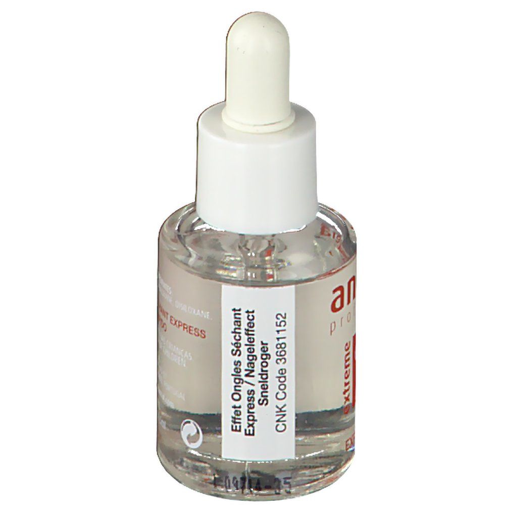 Contenitore di liquido trasparente con tappo bianco e contagocce. Etichetta con testo: 'Effet Ongles Séchant Express / Nageldroger'.