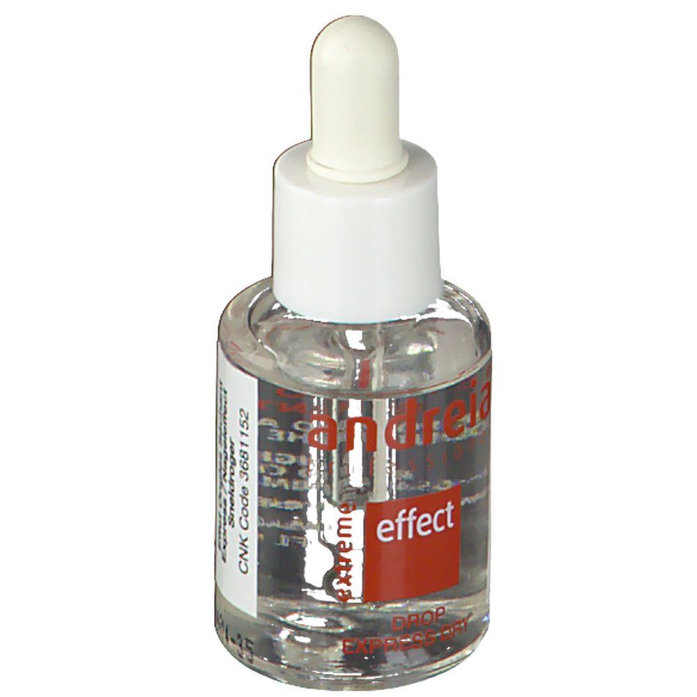 Contenitore di liquido trasparente con tappo bianco e contagocce. Etichetta rossa con 'andreia' e 'effect'. Testo: 'DROP EXPRESS DRY'.
