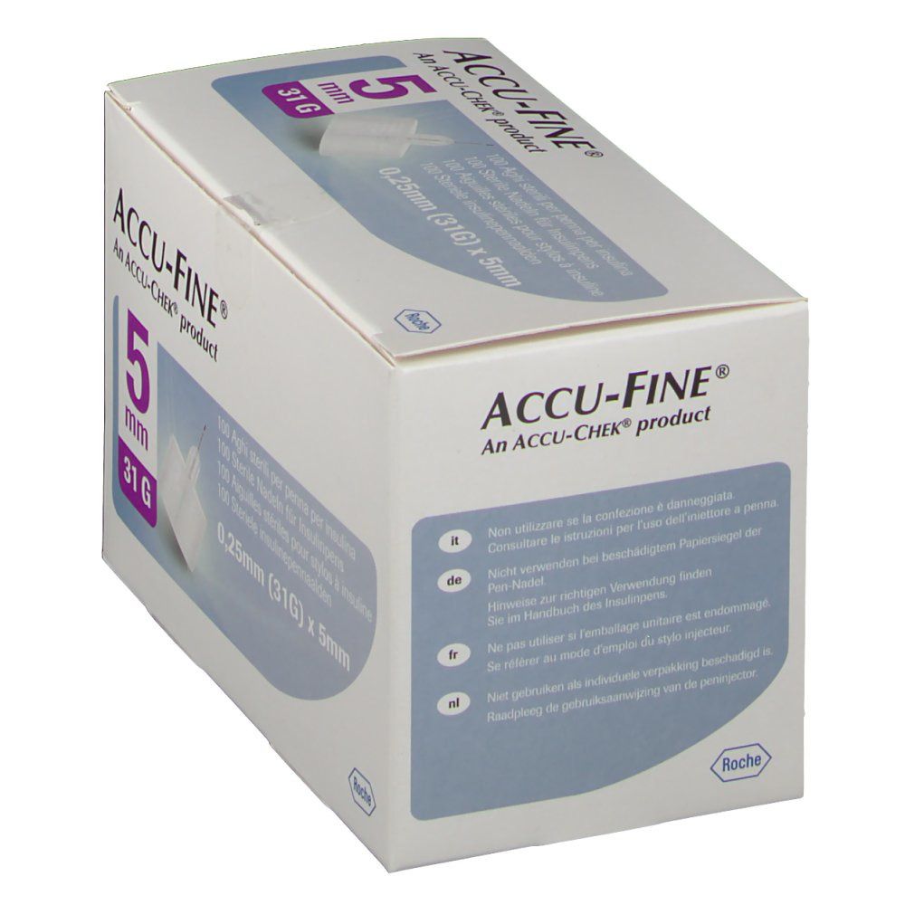 Scatola di aghi ACCU-FINE®. 5 mm, 31 G. Prodotto ACCU-CHEK®. Scritto: 0,25 mm (31G) x 5mm.