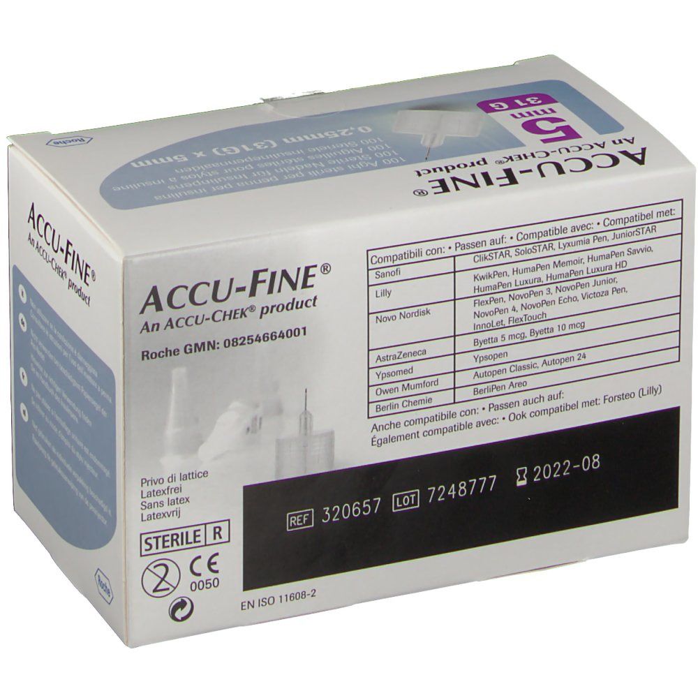 Scatola di aghi ACCU-FINE®. 5 mm, 31 G. Prodotto ACCU-CHEK®. Elenco compatibilità. Sterile.