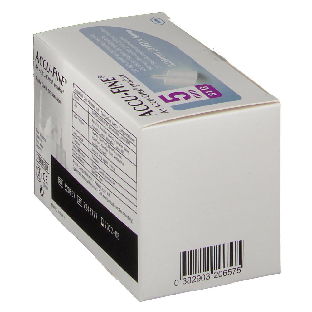 Scatola di aghi ACCU-FINE®. 5 mm, 31 G. Prodotto ACCU-CHEK®. Scritto: 0,25 mm (31G) x 5mm.