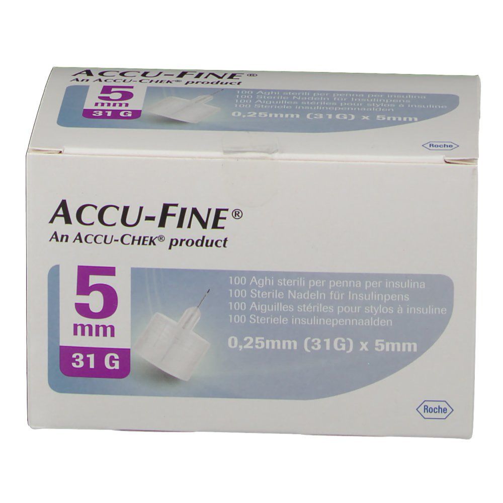 Scatola di aghi ACCU-FINE®. 5 mm, 31 G. Prodotto ACCU-CHEK®. Scritto: 0,25 mm (31G) x 5mm.