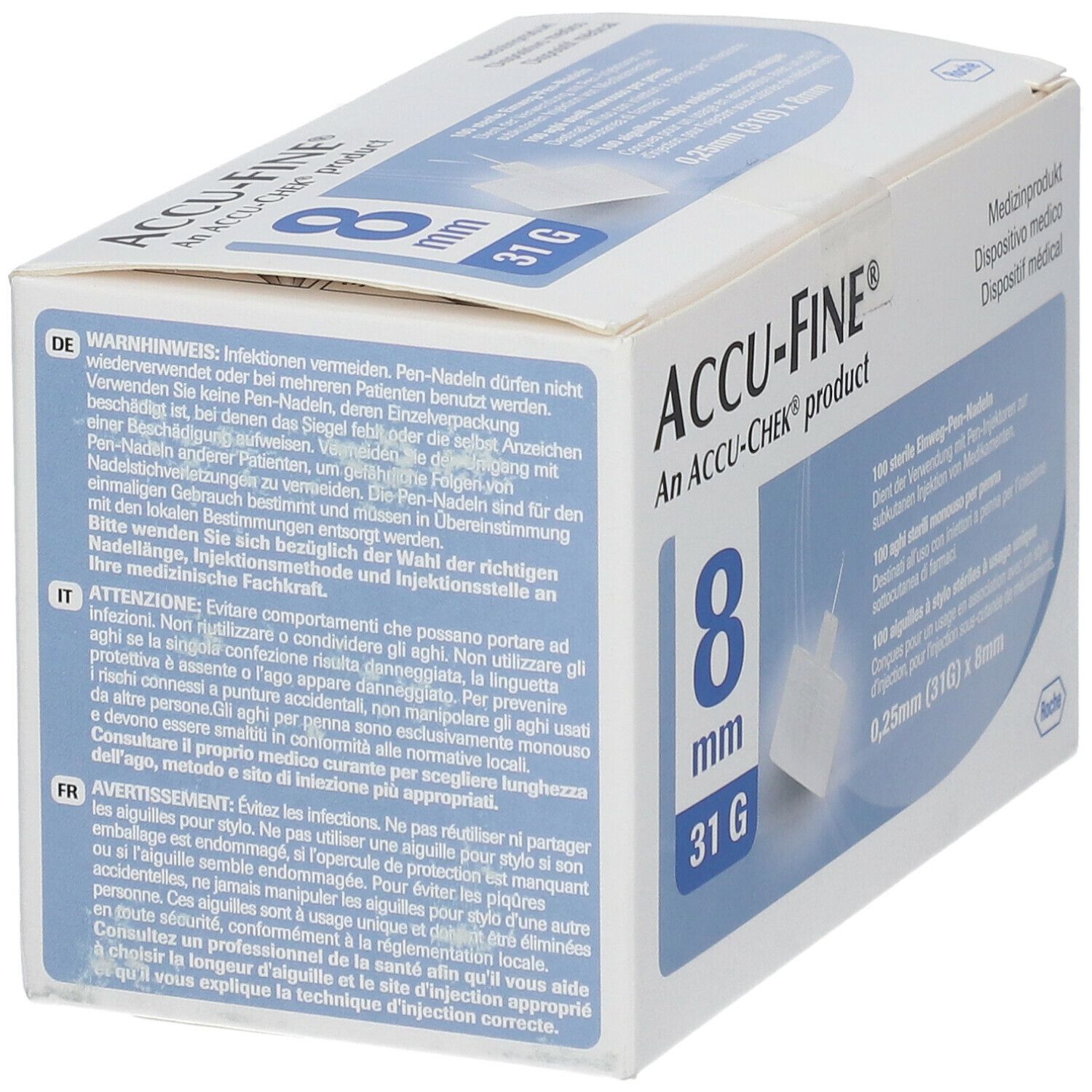 Confezione ACCU-FINE 8 mm, 31G. Avvertenze in tedesco. Dispositivo medico.
