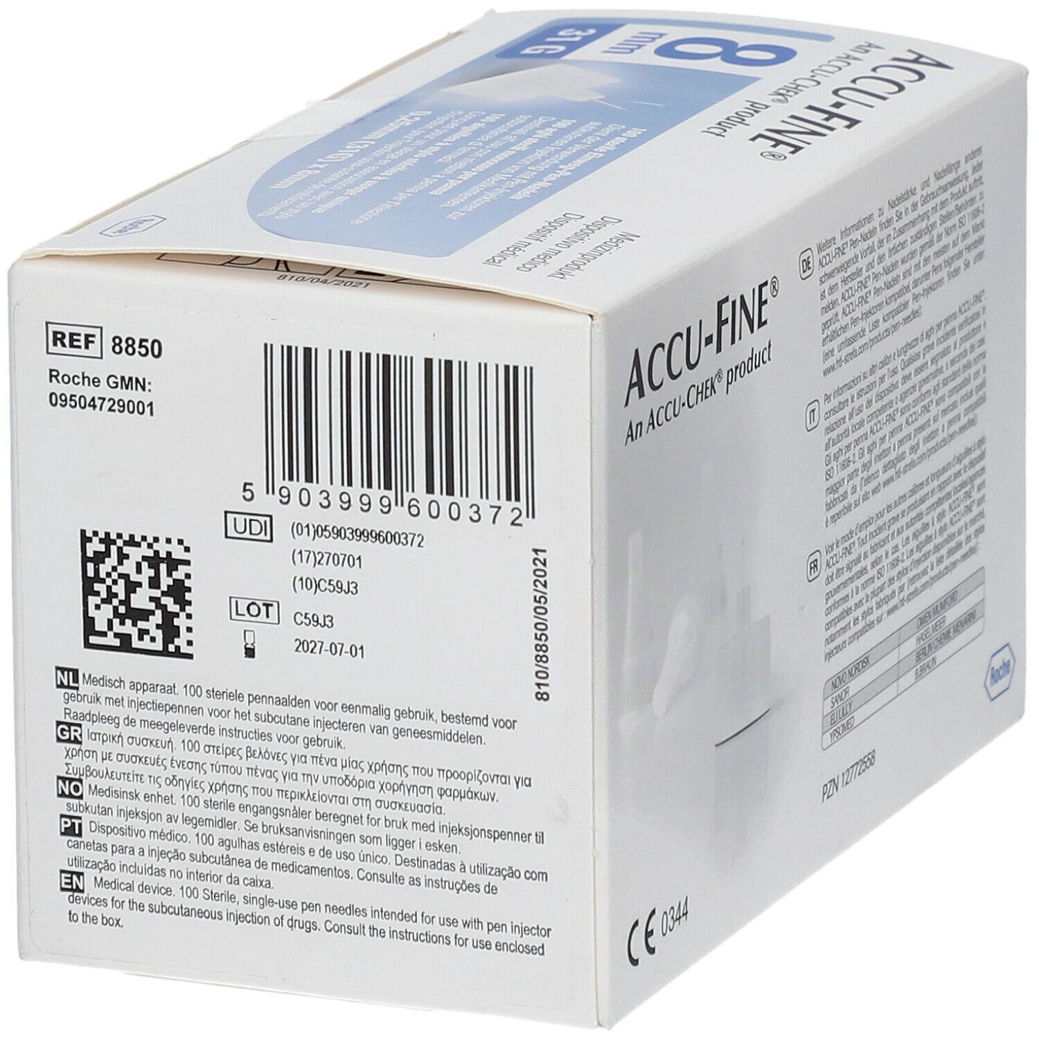 Confezione ACCU-FINE. Codice a barre, codice UDI, numero di lotto e data di scadenza. Marchio CE.