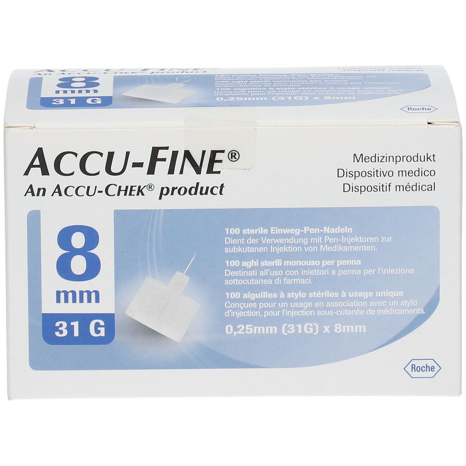 Confezione ACCU-FINE 8 mm, 31G. Contiene 100 aghi sterili per penne. Dispositivo medico.
