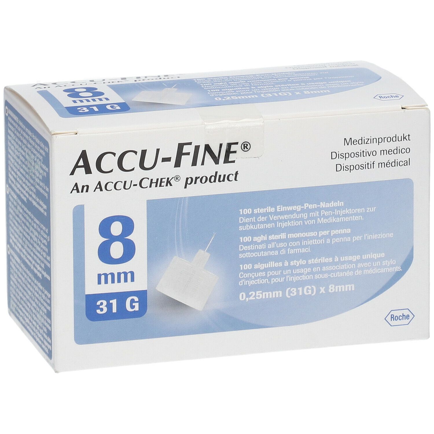 Confezione ACCU-FINE 8 mm, 31G. Dispositivo medico. Contiene 100 aghi sterili.