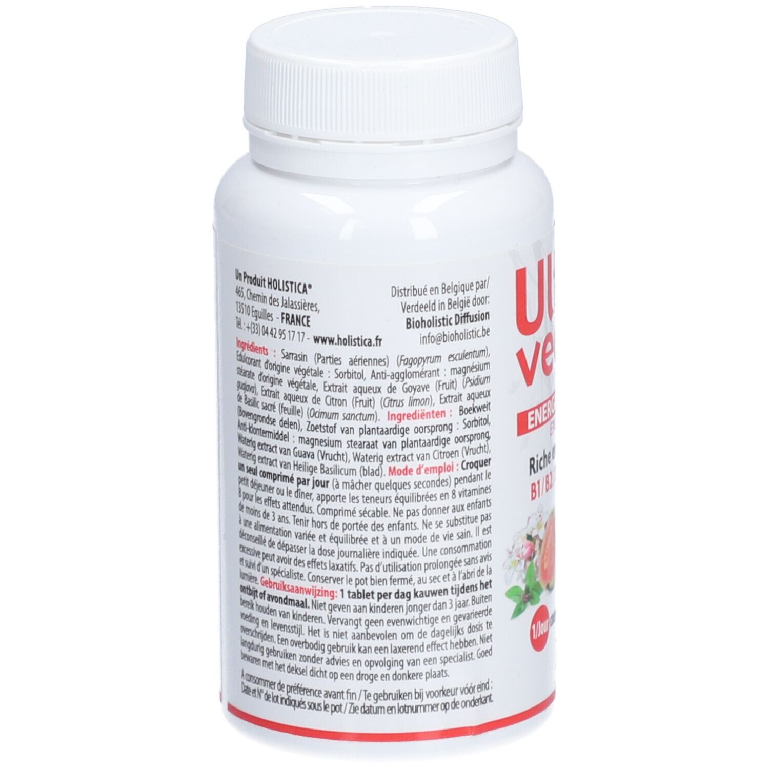 Flacone bianco con testo. Elenco ingredienti e altre informazioni. Marchio HOLISTICA. Coperchio in alto.