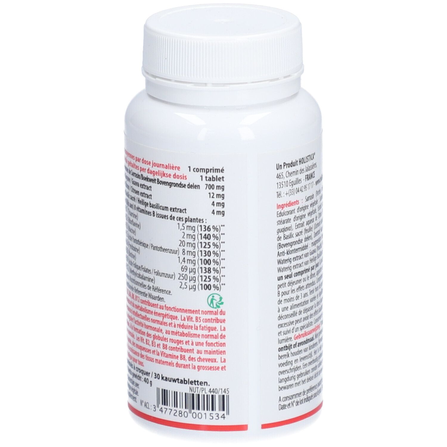 Flacone bianco con testo. Informazioni nutrizionali e altre informazioni. Marchio HOLISTICA. Coperchio in alto.