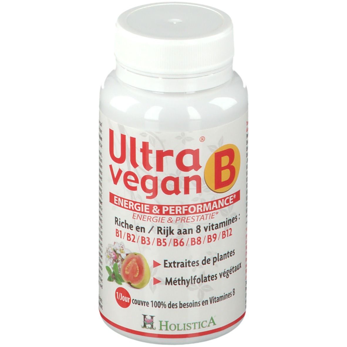 Flacone bianco con testo rosso e bianco. Contiene Ultra Vegan B. Marchio HOLISTICA. Coperchio in alto.