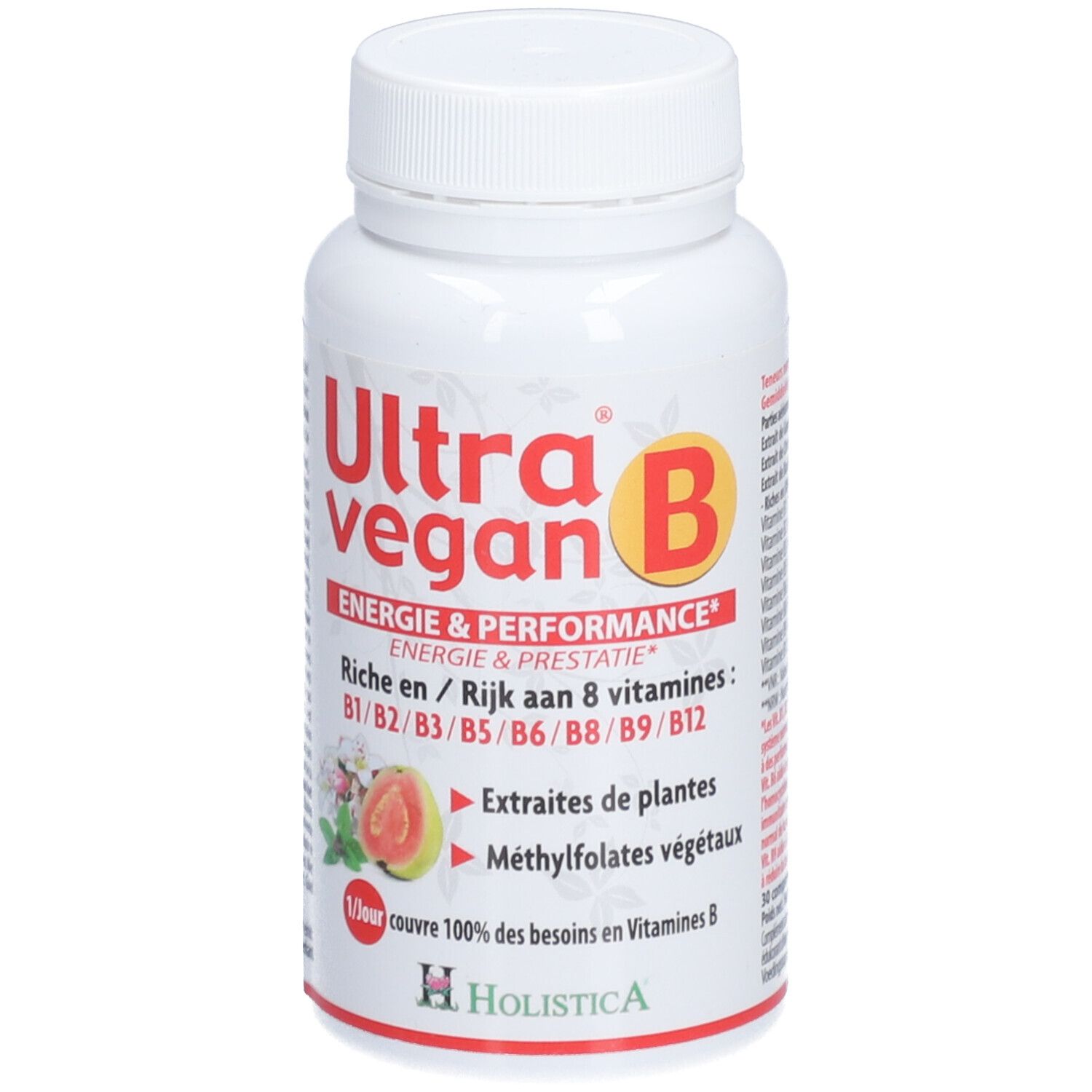 Flacone bianco con testo rosso e bianco. Contiene Ultra Vegan B. Marchio HOLISTICA. Coperchio in alto.