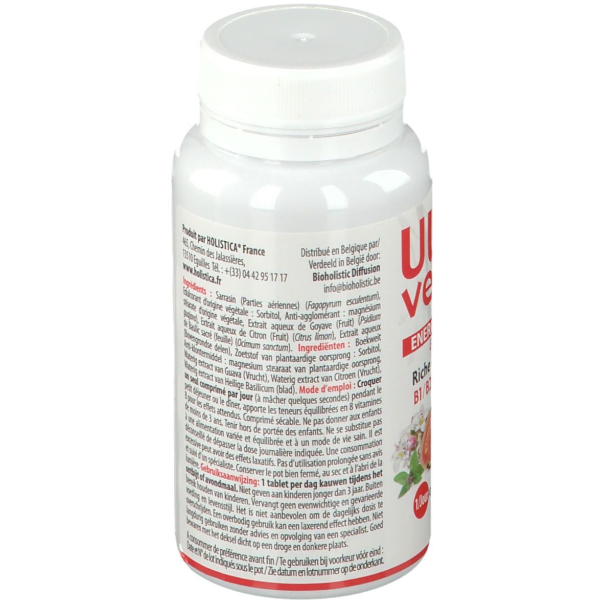 Flacone bianco con testo. Informazioni nutrizionali e altre informazioni. Marchio HOLISTICA. Coperchio in alto.