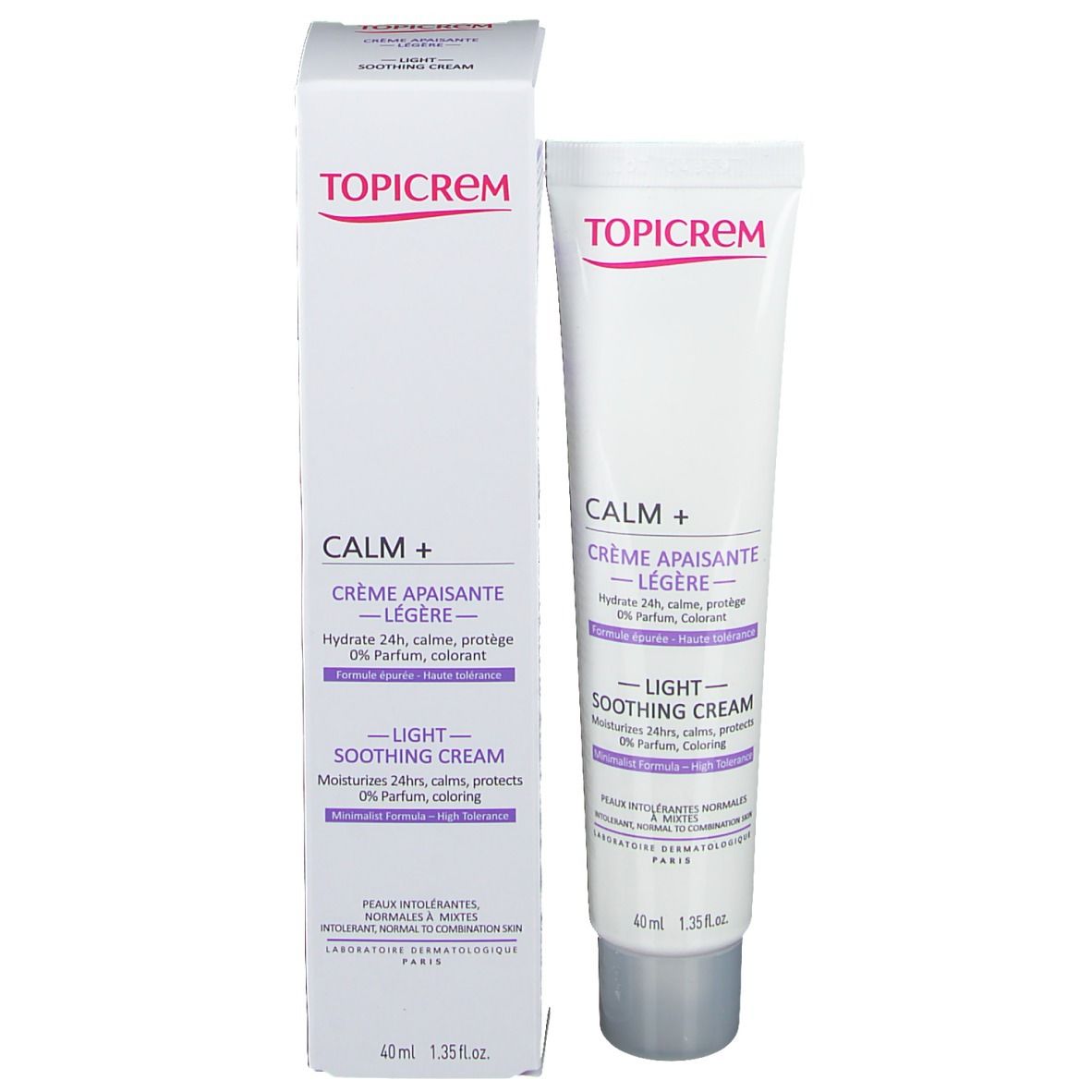 Crema lenitiva leggera Topicrem Calm+ con scatola, entrambe bianche con accenti viola.