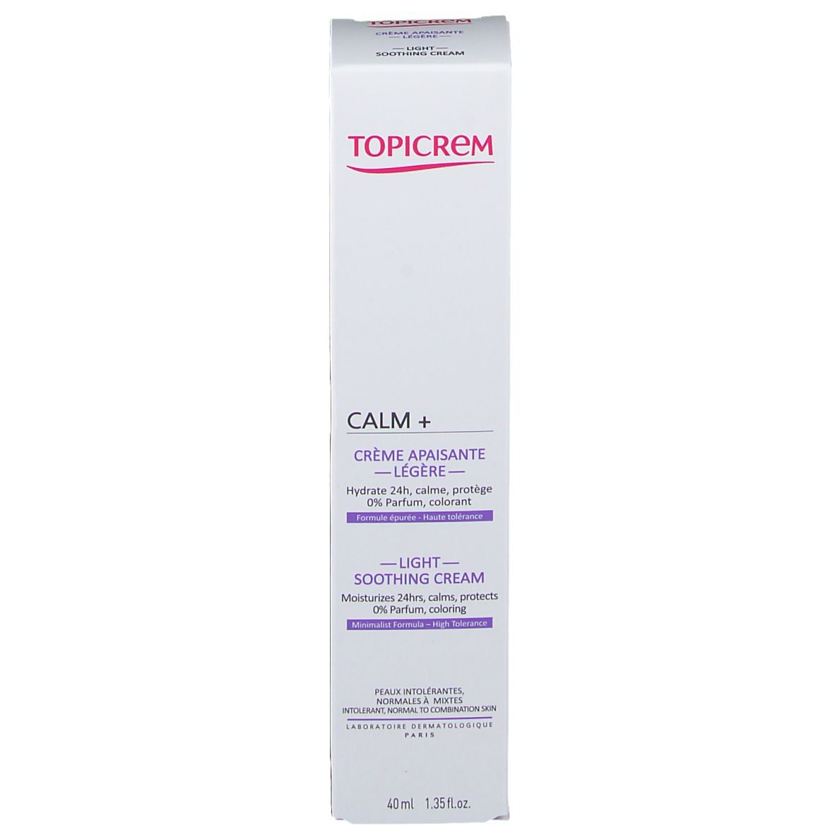 Scatola di crema lenitiva leggera Topicrem Calm+, bianca con scritte viola.