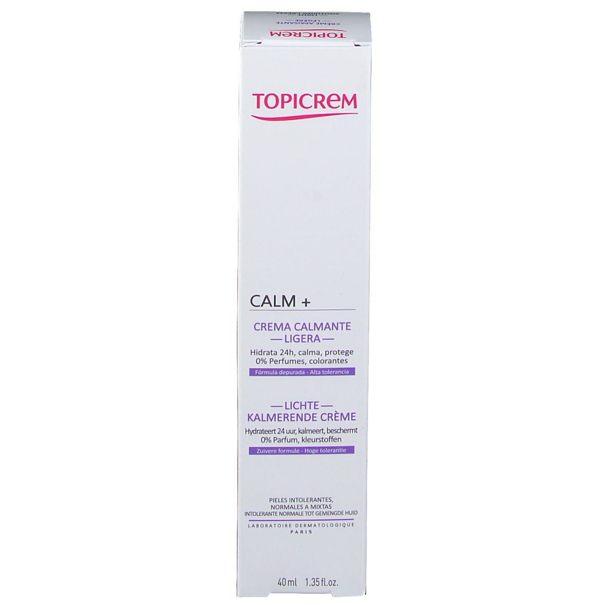 Lato di una scatola Topicrem Calm+ con informazioni dettagliate sul prodotto.