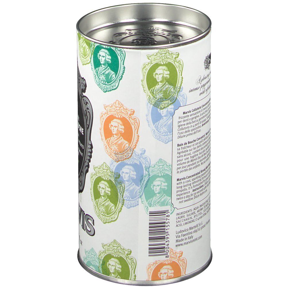 Retro della scatola. MARVIS 'Eau de Bouche'. Testo multilingue. Codice a barre.