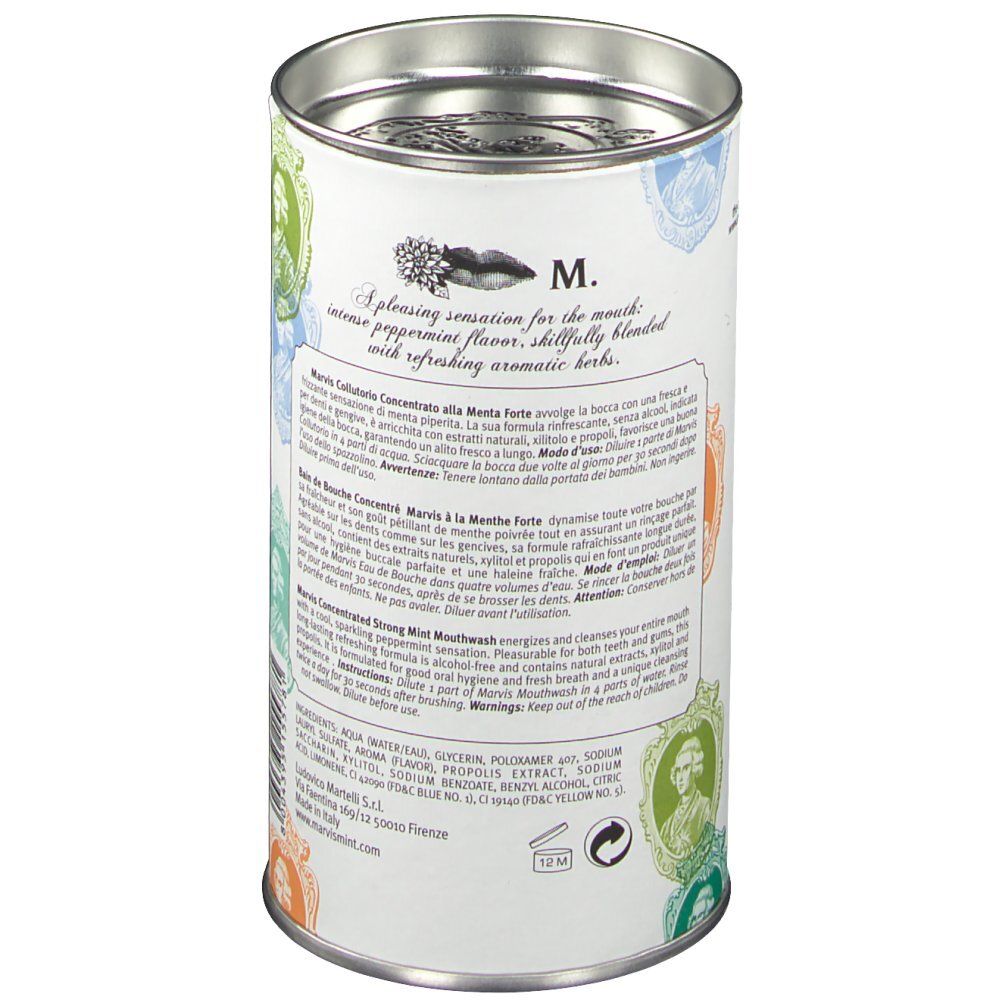 Retro della scatola. MARVIS 'Eau de Bouche'. Ingredienti e istruzioni.