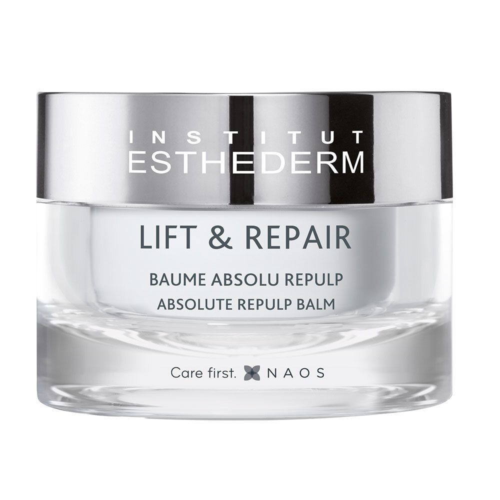 Vasetto di crema con coperchio argentato. Scritta: INSTITUT ESTHEDERM, LIFT & REPAIR, BAUME ABSOLU REPULP.