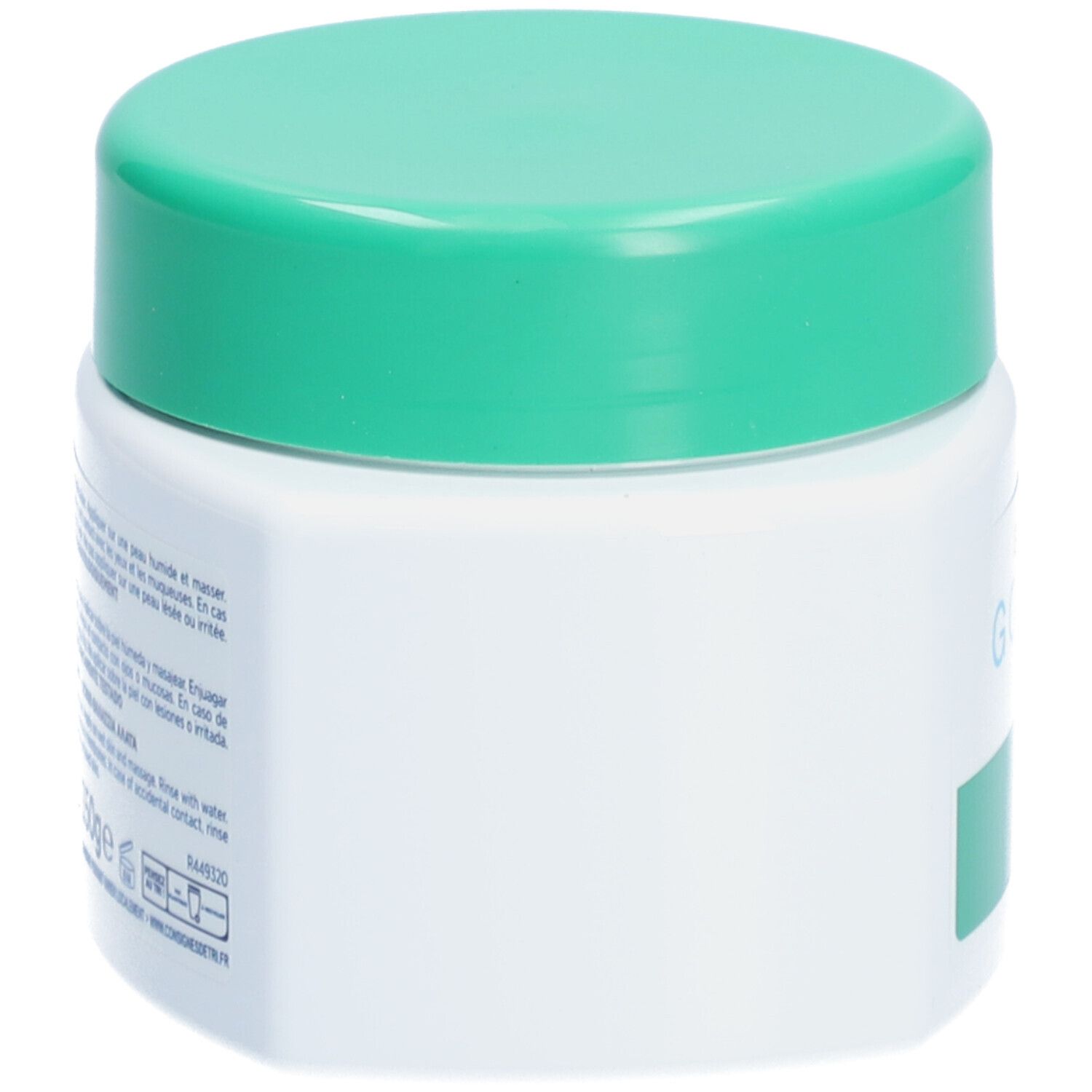 Vasetto bianco con coperchio verde, vista laterale. Scritta non visibile.