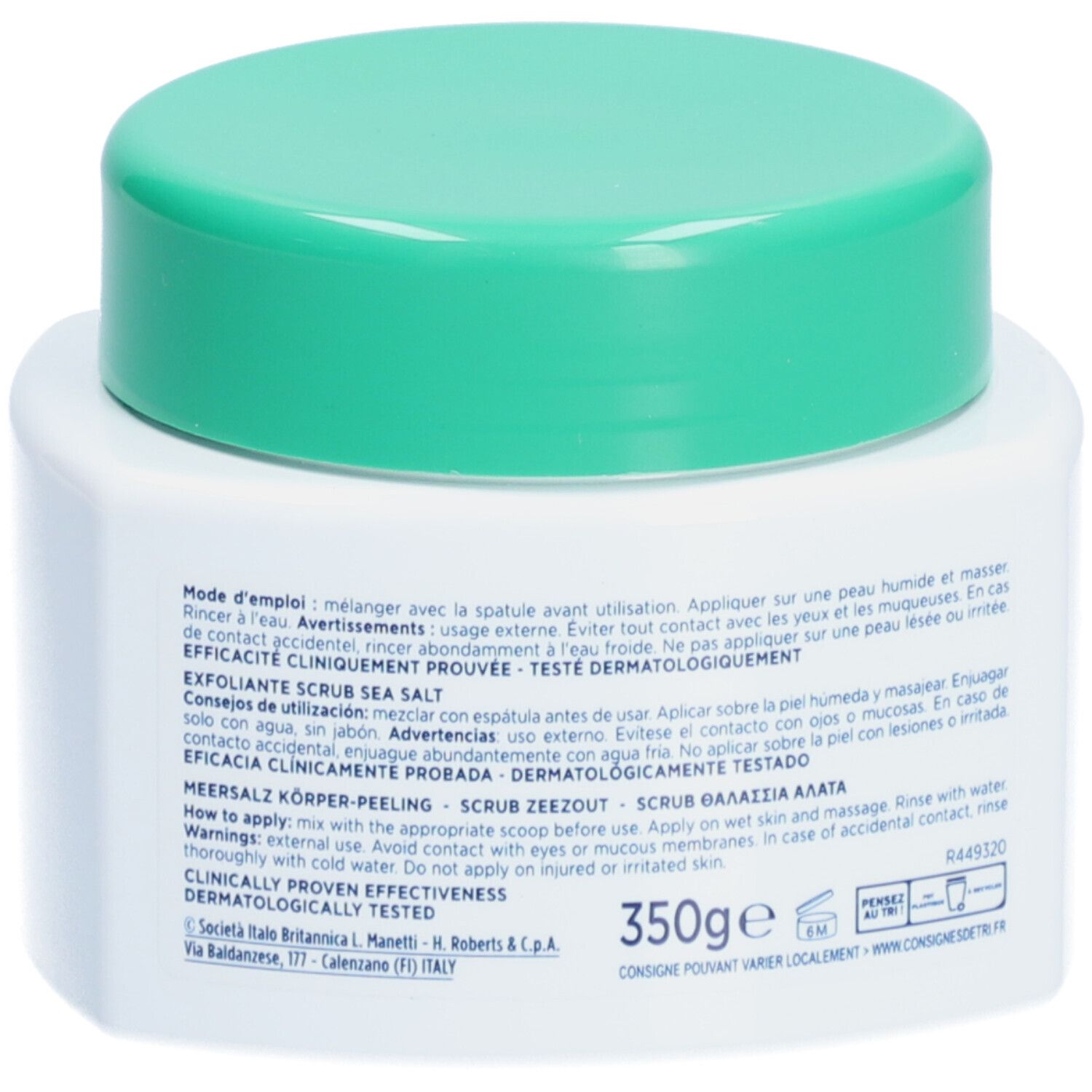 Vasetto bianco con coperchio verde, retro con testo. Scritta: 350g, CLINICALLY PROVEN EFFECTIVENESS.