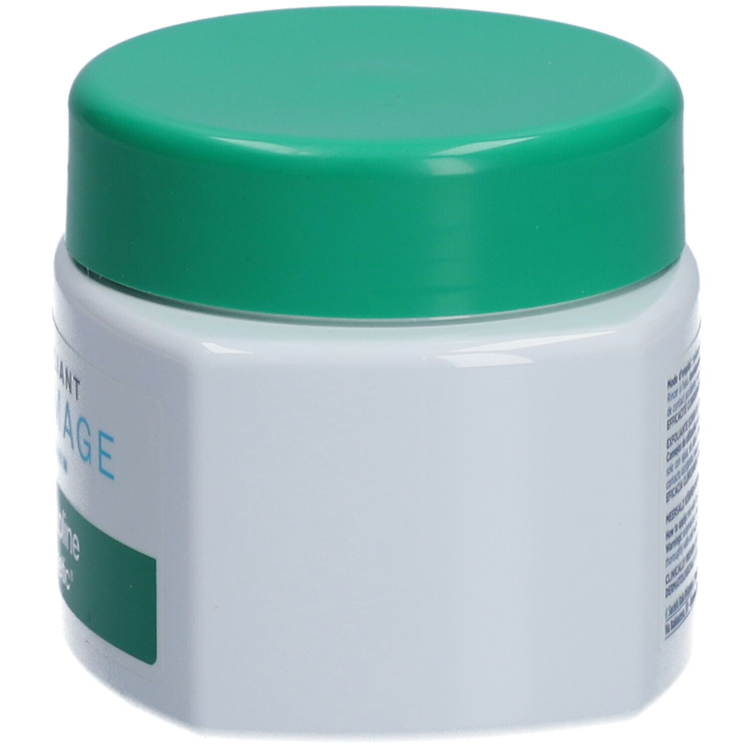 Vasetto bianco con coperchio verde, vista laterale. Scritta non visibile.