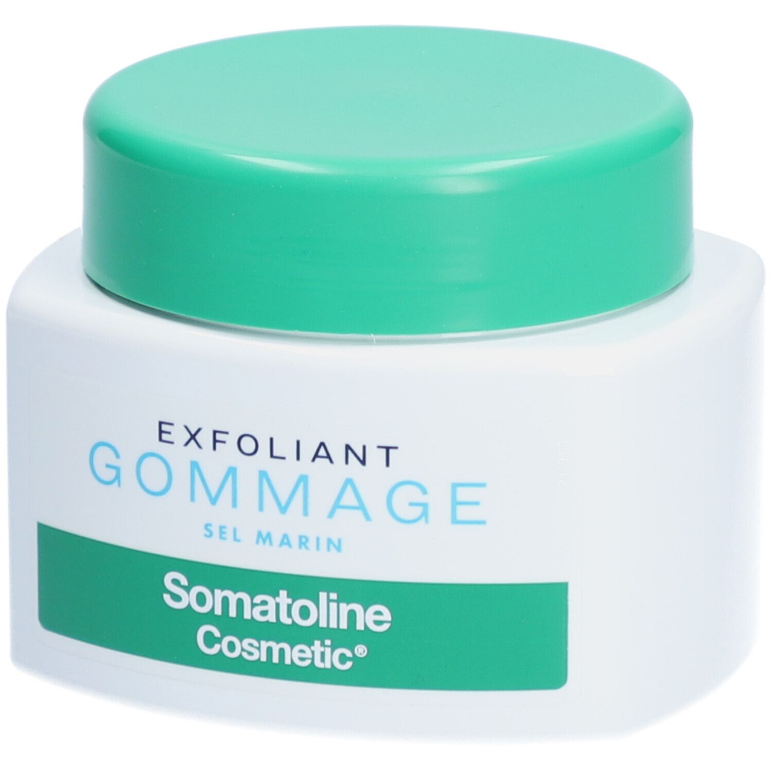 Vasetto bianco con coperchio verde. Scritta: EXFOLIANT GOMMAGE SEL MARIN, Somatoline Cosmetic.