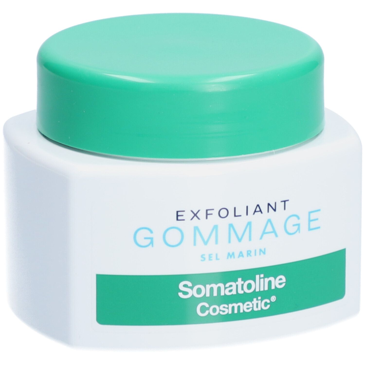 Vasetto bianco con coperchio verde. Scritta: EXFOLIANT GOMMAGE SEL MARIN, Somatoline Cosmetic.