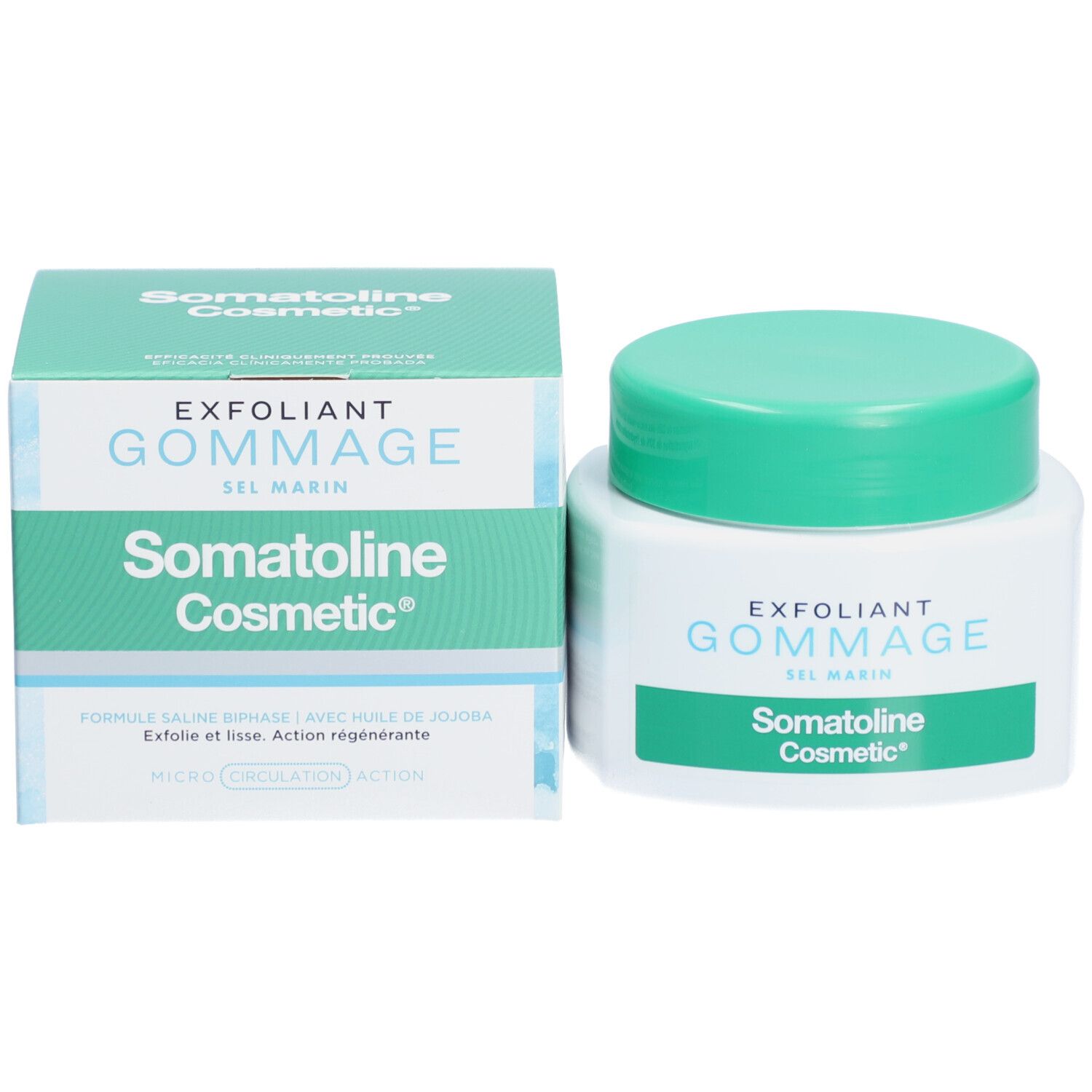 Prodotto e confezione. Scritta: EXFOLIANT GOMMAGE SEL MARIN, Somatoline Cosmetic.