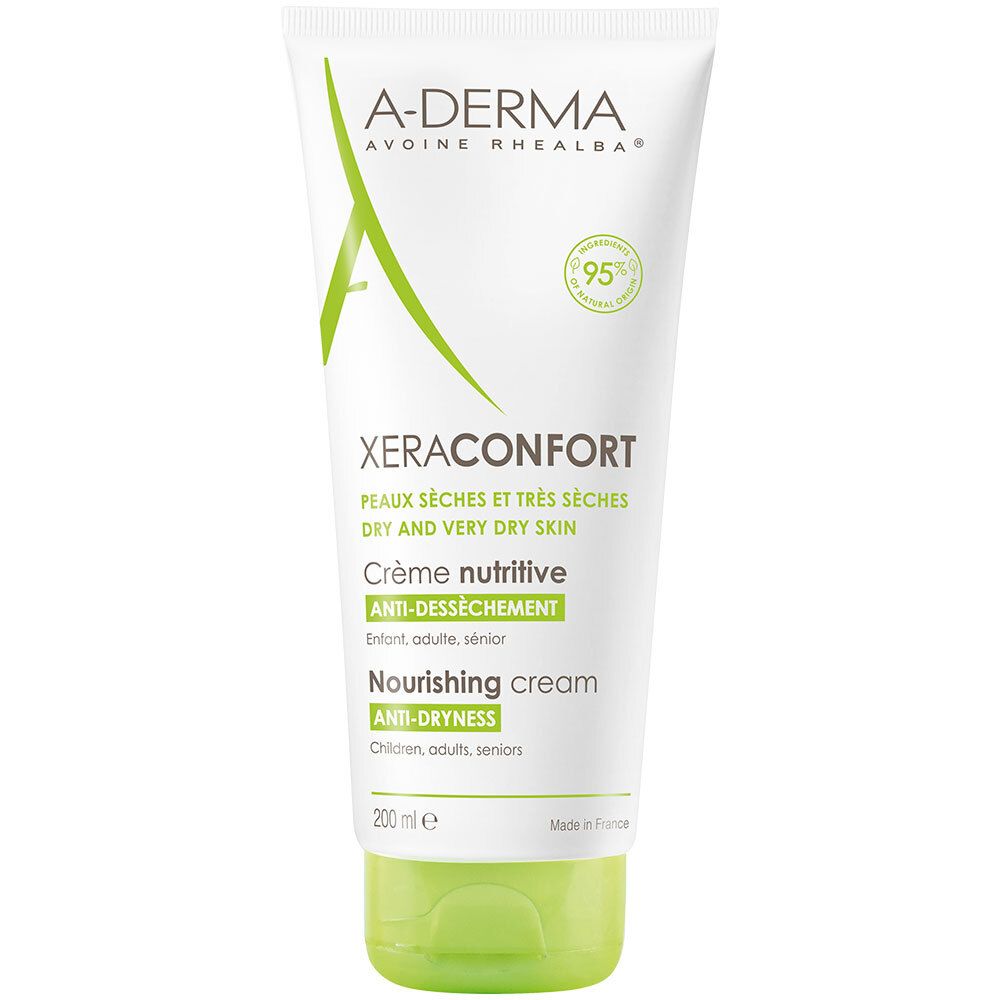 Tubo crema A-Derma Xeraconfort. Bianco, tappo verde. Testo: Xeraconfort, Crème nutritive, Anti-Dessèchement, 95%.