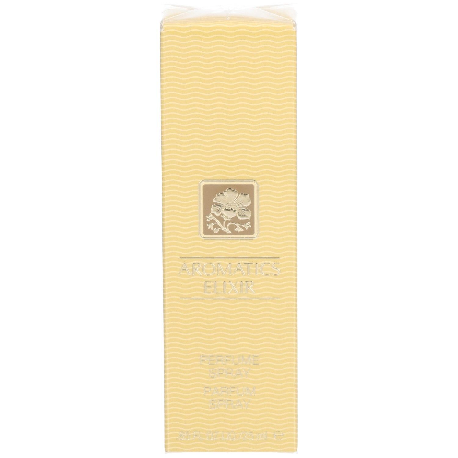 Scatola rettangolare gialla con motivo a onde. Scritta: Aromatics Elixir, Parfum Spray. Logo floreale.