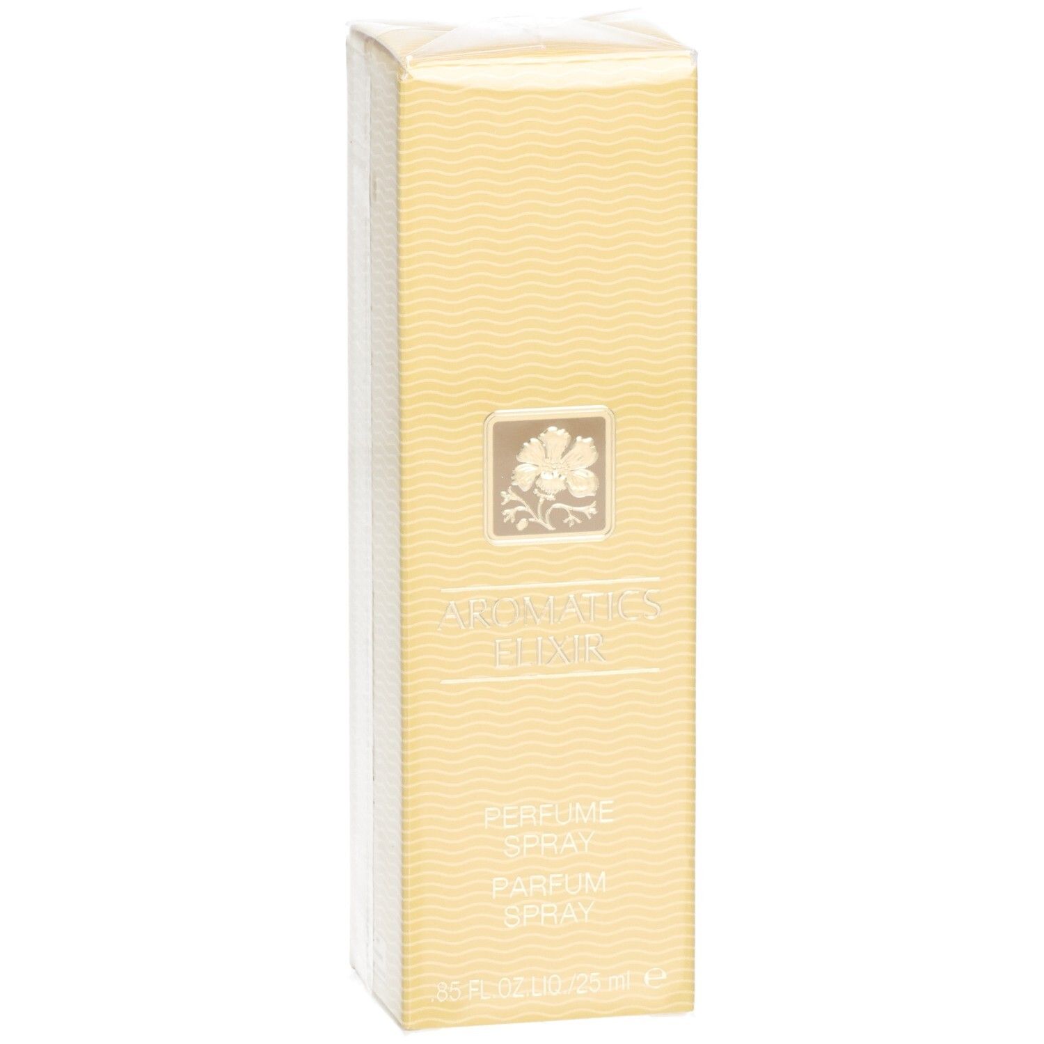 Scatola rettangolare gialla con motivo a onde. Scritta: Aromatics Elixir, Parfum Spray. Logo floreale. 25 ml.