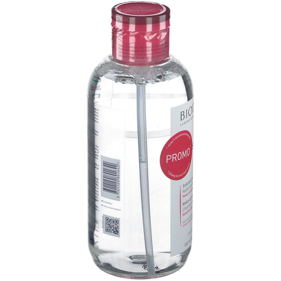 Flacone trasparente con tappo rosso. Scritta BIODERMA Sensibio H2O. Etichetta promozionale.