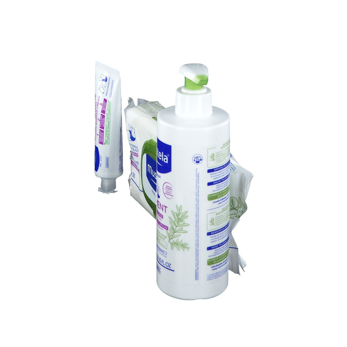 Flacone bianco con dosatore, confezione di salviette e tubetto. Scritta: Mustela. Confezione verde e bianca.
