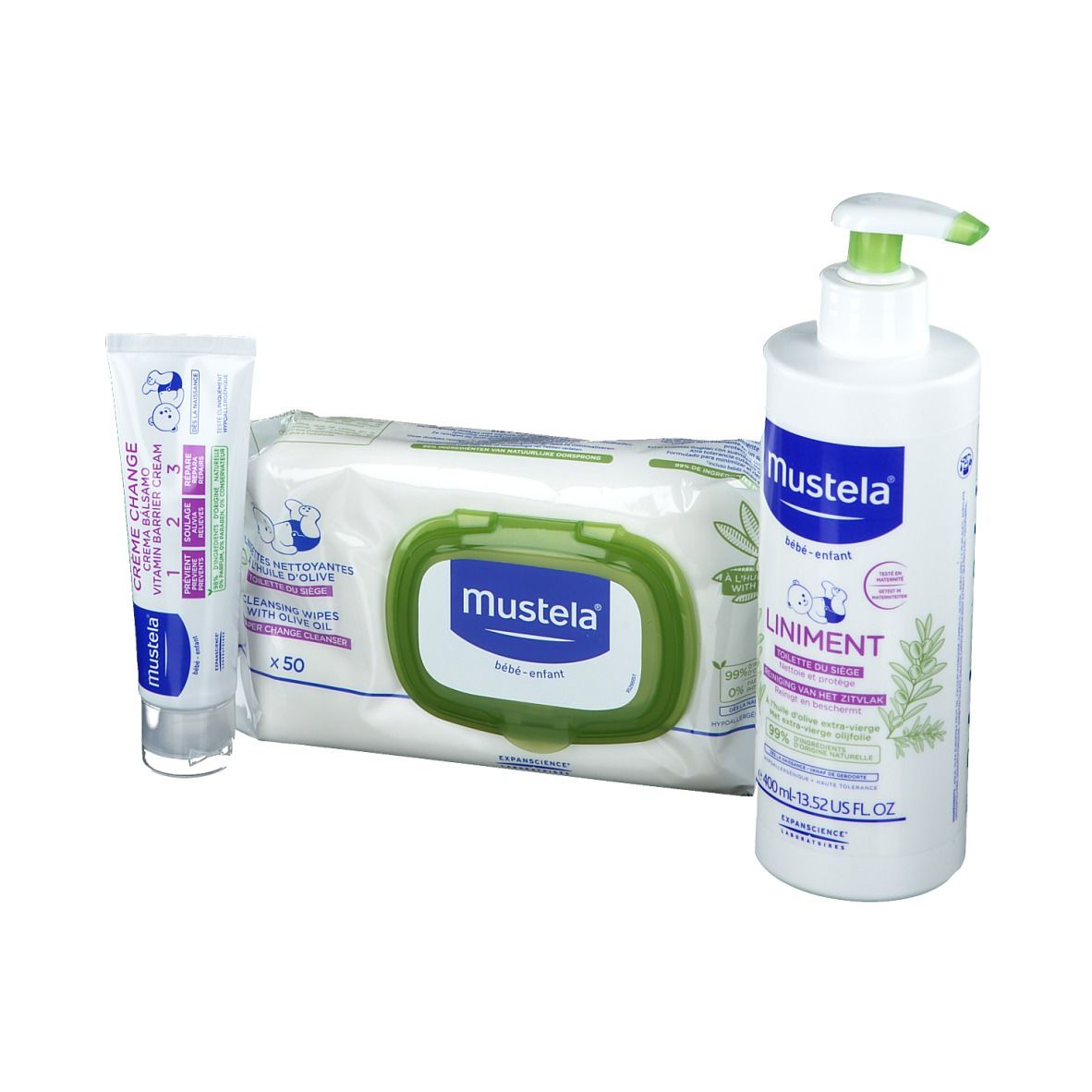 Flacone bianco con dosatore, confezione di salviette e tubetto. Scritta: Mustela. Confezione verde e bianca.