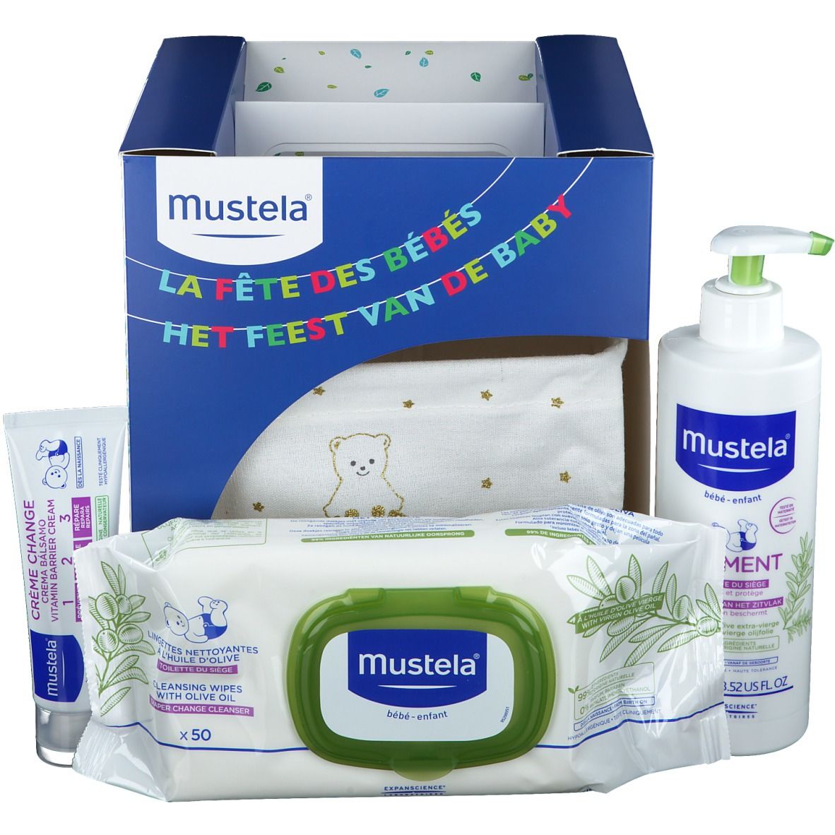 Confezione regalo con prodotti. Contiene flacone, salviette, tubetto e pannolino. Scritta: Mustela.
