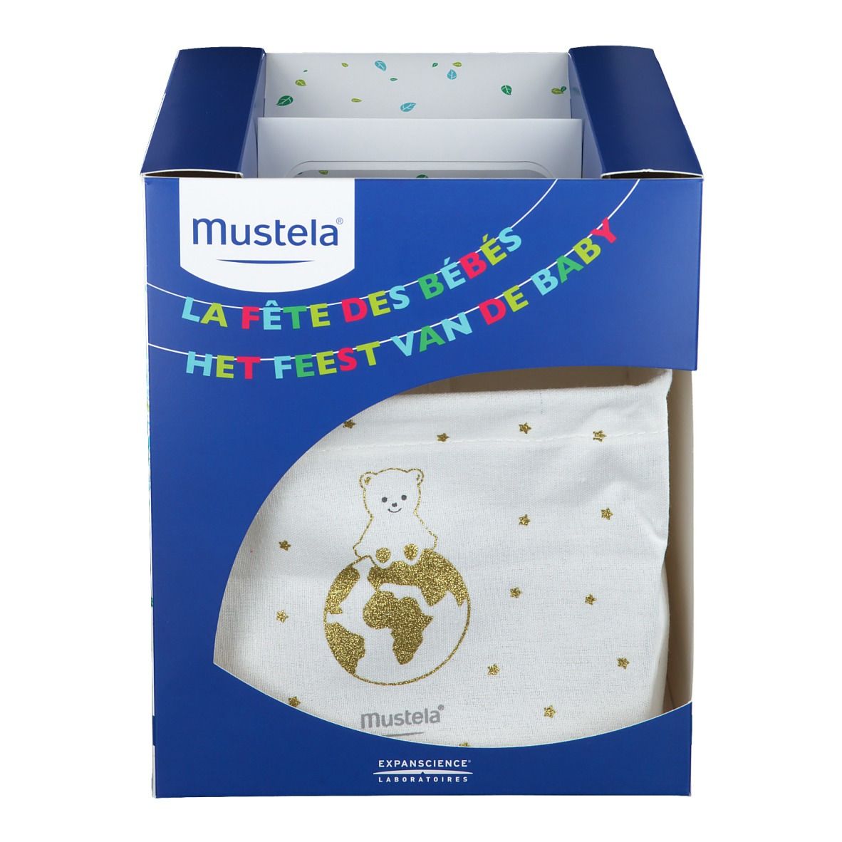 Confezione regalo aperta con pannolino. Scritta: Mustela. Decorazione con stelle e orso.
