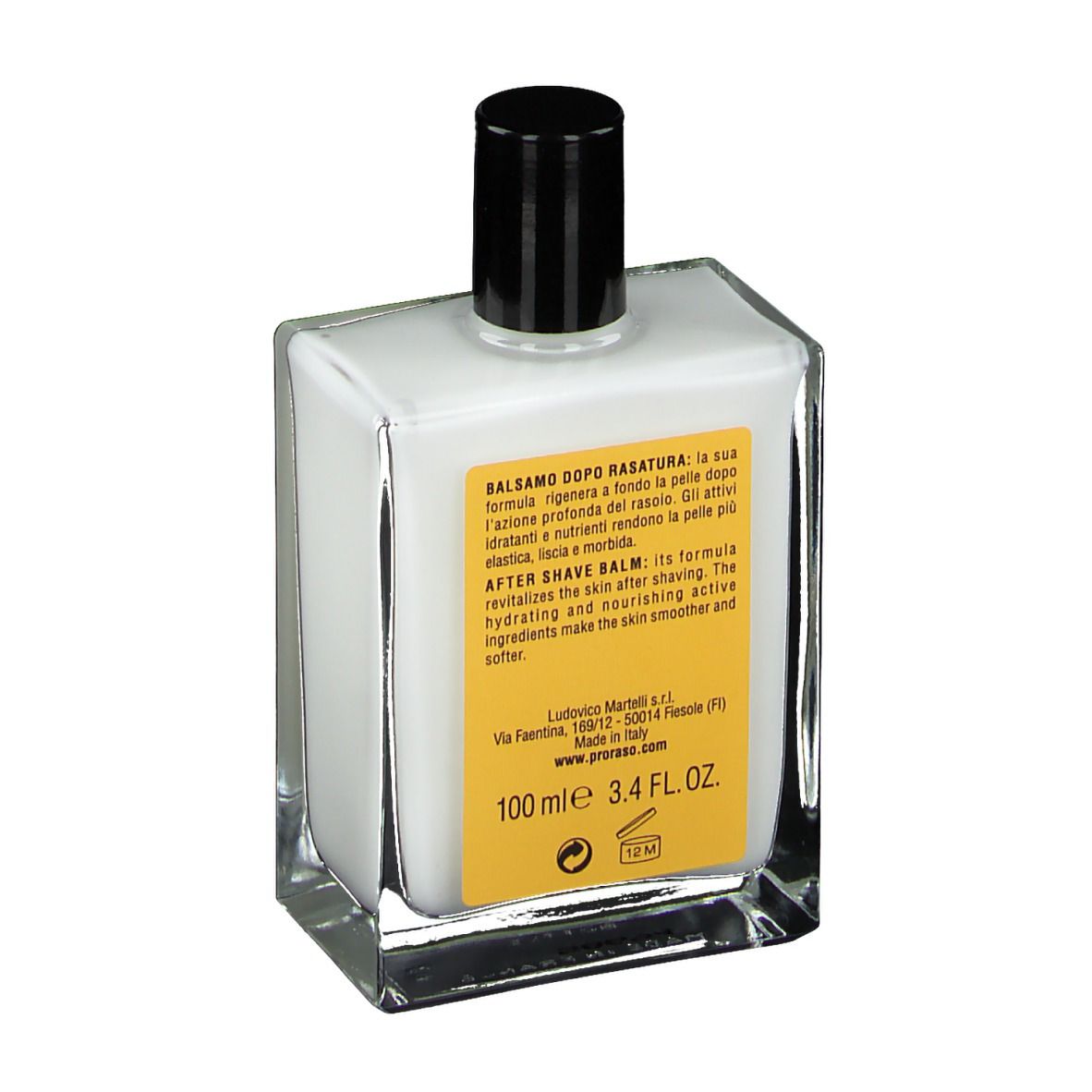 Flacone in vetro con balsamo bianco, tappo nero ed etichetta gialla. Vista posteriore con testo e logo.