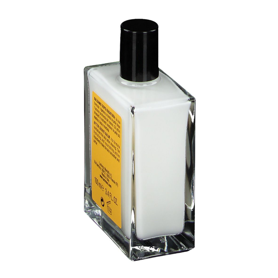 Flacone in vetro con balsamo bianco, tappo nero ed etichetta gialla. Vista laterale del prodotto.