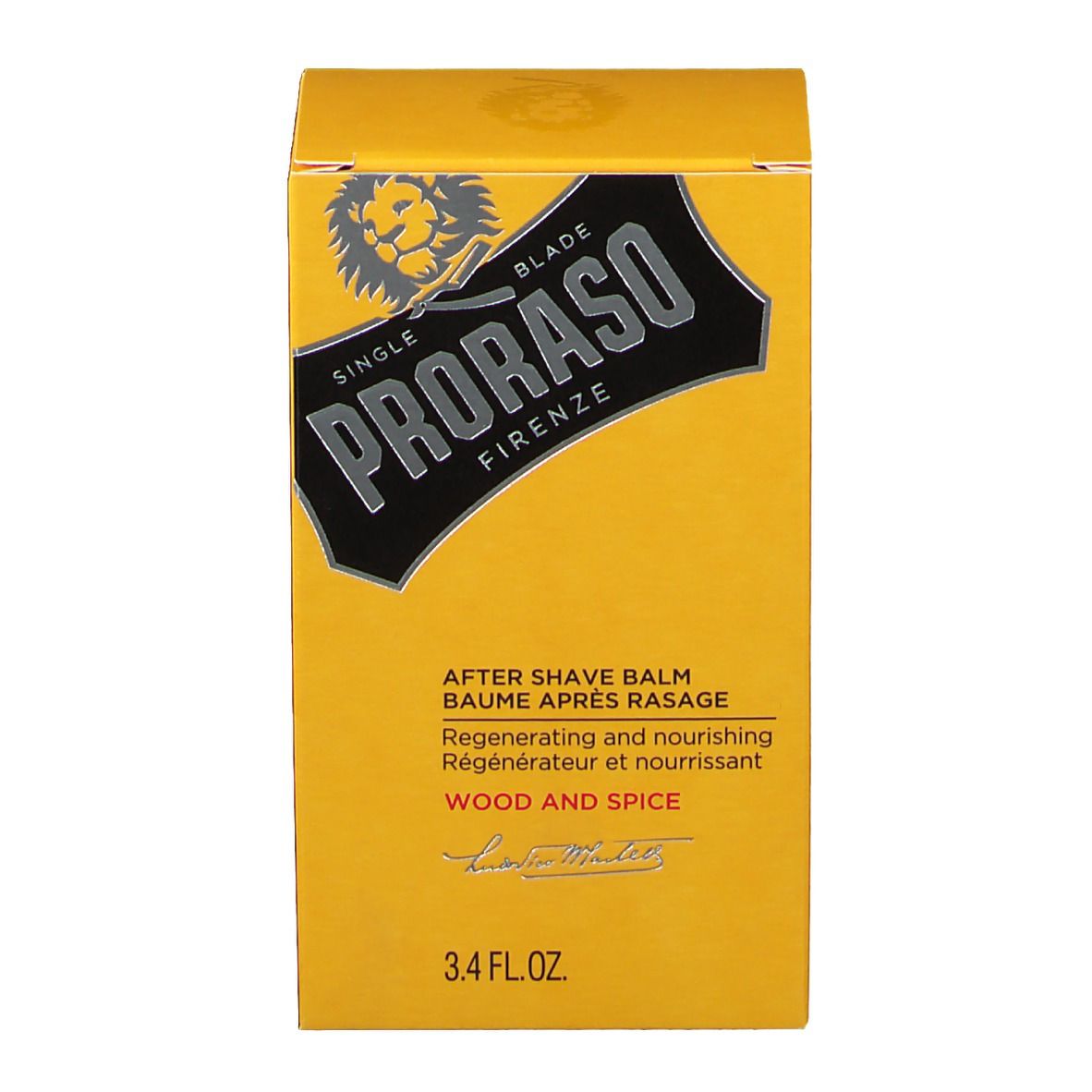 Confezione gialla con logo e testo. Nome del prodotto e marchio visibili. Legno e spezie.