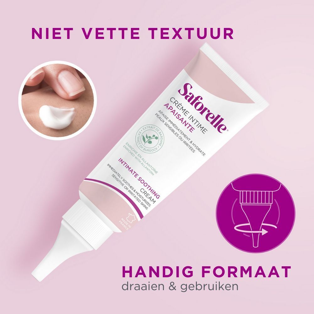 Tubo di Crema Intima Lenitiva, con testo. Mano con crema. Sfondo rosa. Formato pratico.