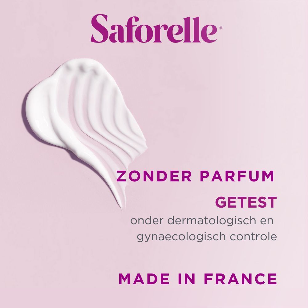 Crema su sfondo rosa. Testo: Senza profumo. Testato. Prodotto in Francia.