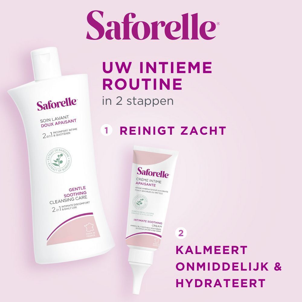 Due prodotti: Soin Lavant Doux Apaisant e Crème Intime Apaisante. Testo: La tua routine intima in 2 fasi.